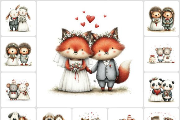 Adorable Kawaii Animal Wedding Couples: 40 Clipart Designs