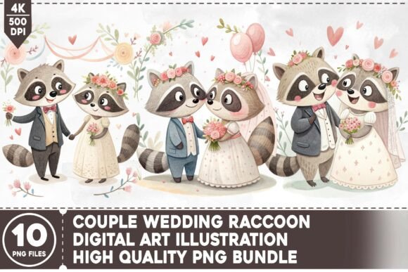 Couple Wedding Raccoon PNG Bundle: Charming Designs for Commercial Use