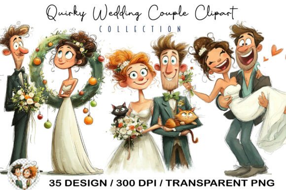 Quirky Wedding Couple Clipart: Hand-Drawn Charm for Creative Projects