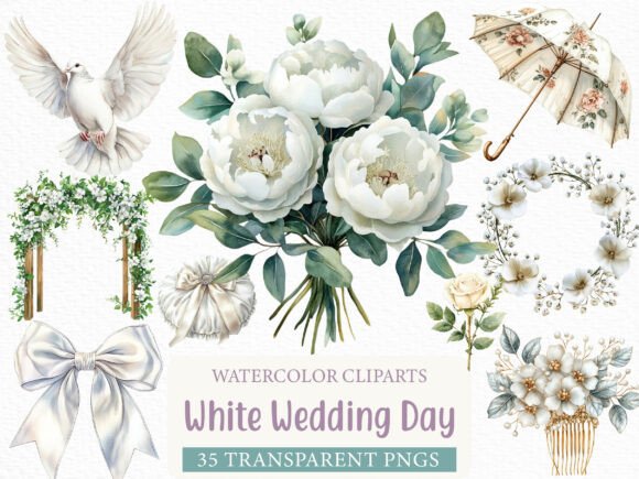 Watercolor White Wedding Day Clipart: Timeless Elegance for Your Projects