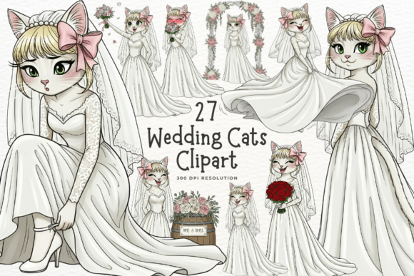 Whimsical Wedding Cat Bride Clipart for Creative Projects